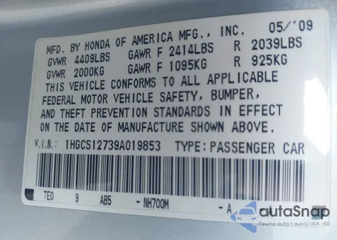 2009 Honda Accord 2.4 Ex z USA, uszkodzony, nr VIN 1HGCS12739A019853